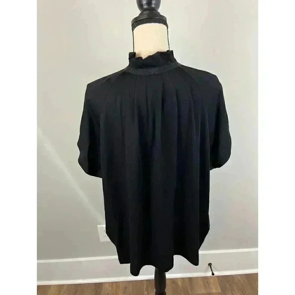 Zero + Maria Cornejo Black Womens 14 Blouse High Neck Ruffle Short Sleeve Button - Picture 7 of 13